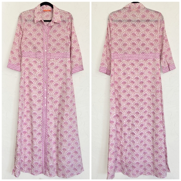 Oliphant Button Up Pink White Tan Fan Shirt Dress Maxi, S - Picture 2 of 11